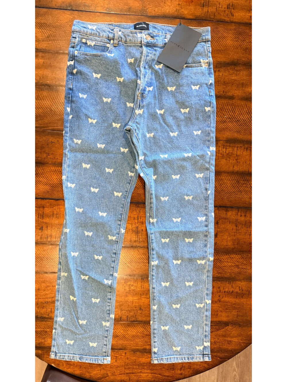 Black Scale Skull Butterfly Denim Jeans Blue Men's 34 NWT Button Fly Stretch